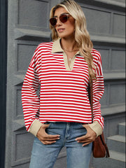 Outfit Flow - Striped Johnny Collar Long Sleeve Sweatshirt