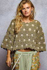 POL Contrast Crochet Cropped Knit Top OLIVE ALMOND One Size OutfitFlow