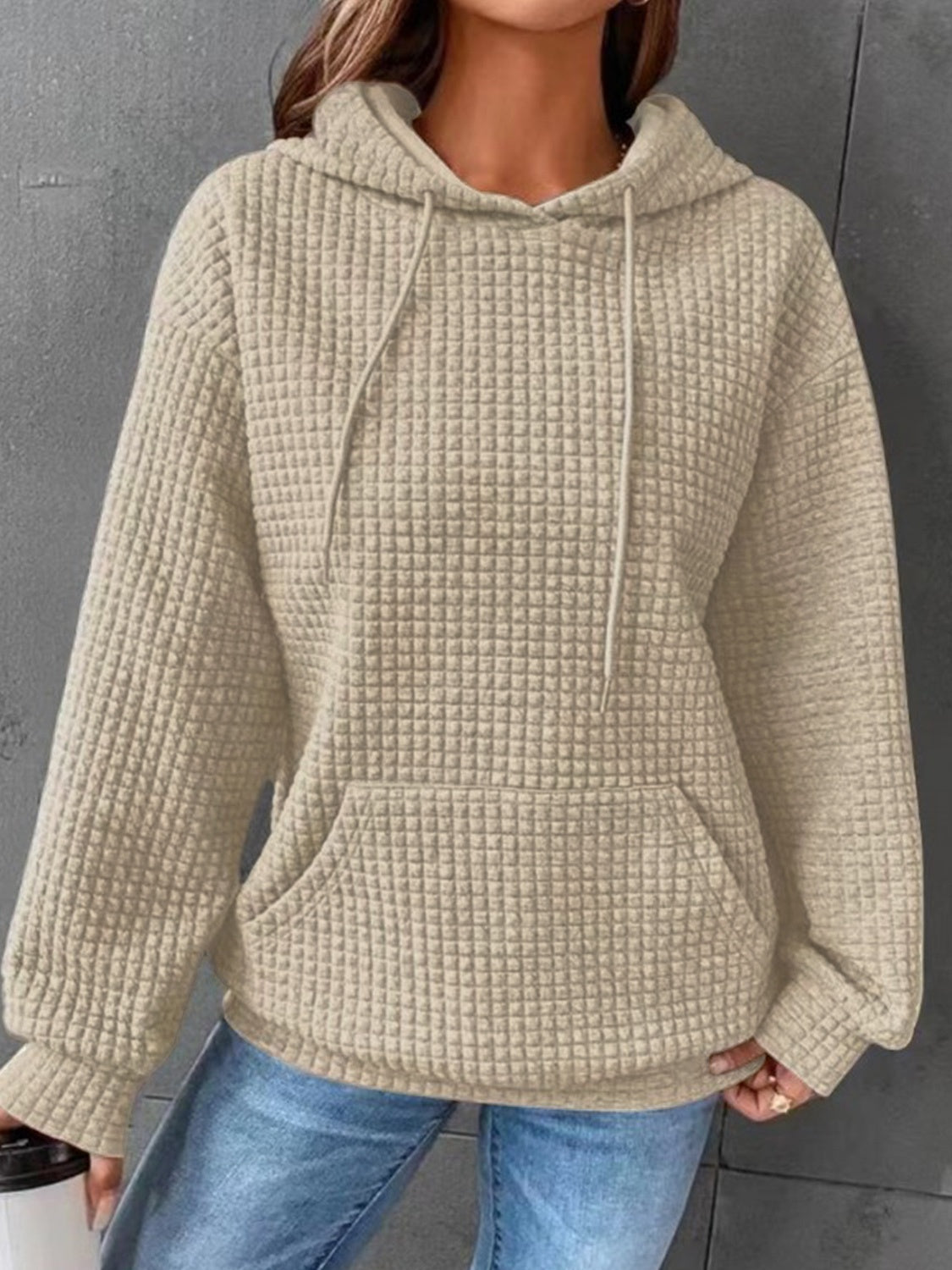 Outfit Flow - Textured Drawstring Drop Shoulder Hoodie