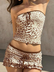 Leopard Print Strapless Top and Skirt Two-Piece Set OutfitFlow