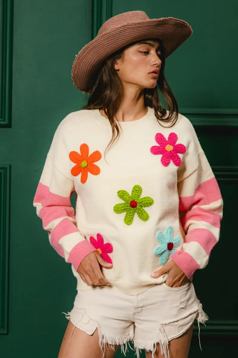 BiBi Colorful Floral Patched Sweater with Striped Sleeve OutfitFlow