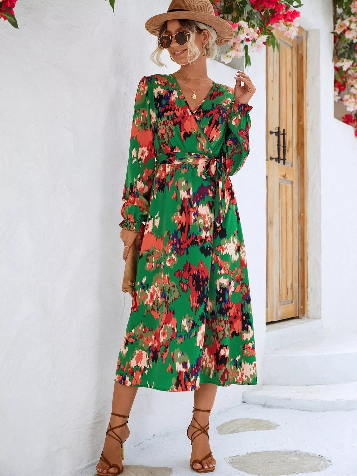 Printed Surplice Long Sleeve Midi Dress OutfitFlow