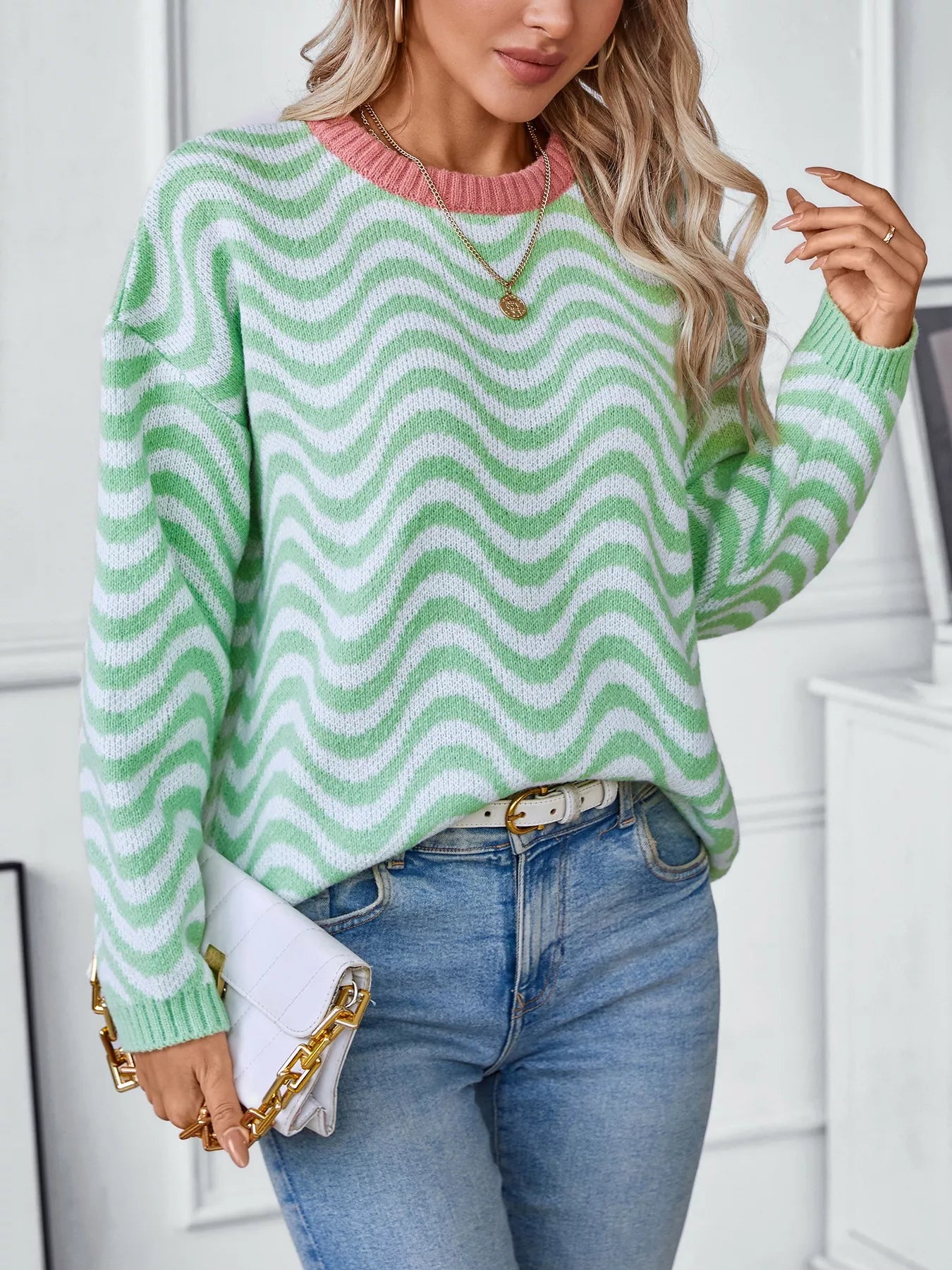 Wavy Striped Round Neck Sweater Trendsi