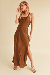 Aemi + Co Ruched Side Slit Cutout Back Maxi Cami Dress OutfitFlow