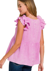 Zenana Double Gauze Acid Washed Tiered Ruffle Peplum Top OutfitFlow