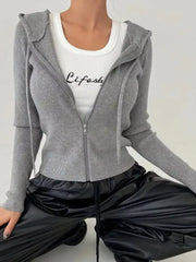 Ribbed Knit Zip-Up Hooded Cardigan OutfitFlow