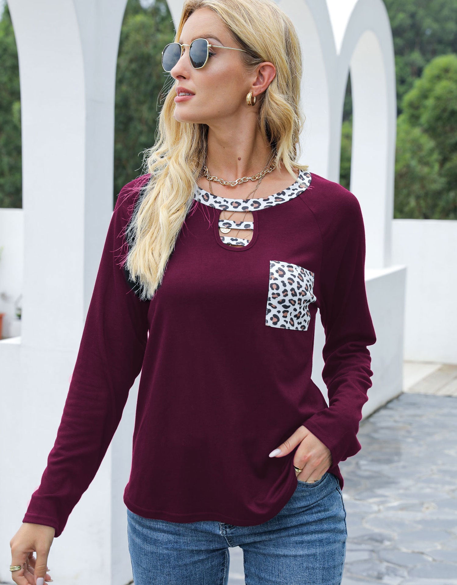 Outfit Flow - Cutout Leopard Round Neck Long Sleeve T-Shirt