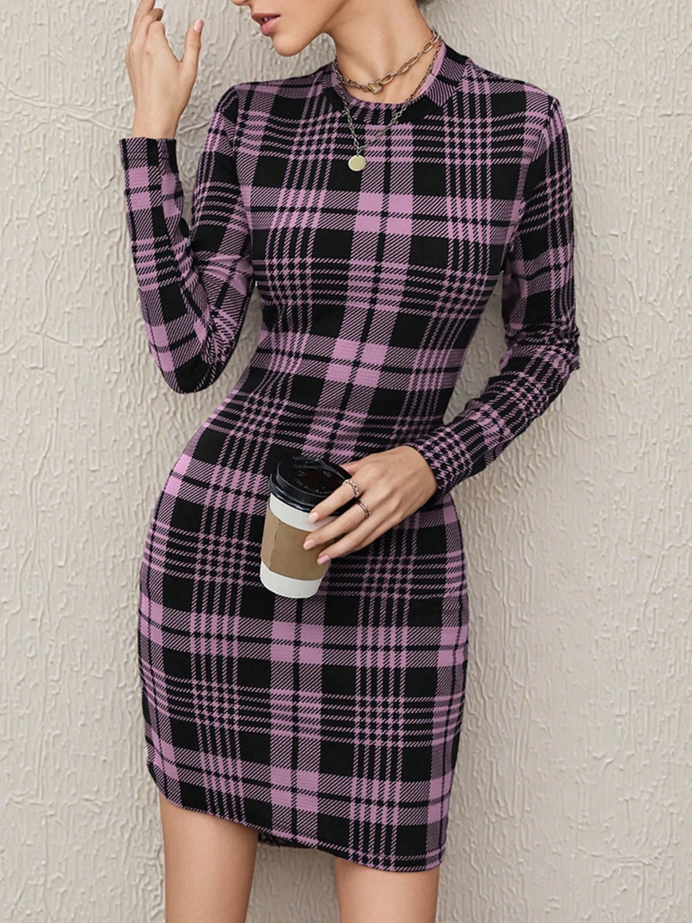 Long Sleeve Plaid Bodycon Mini Dress OutfitFlow