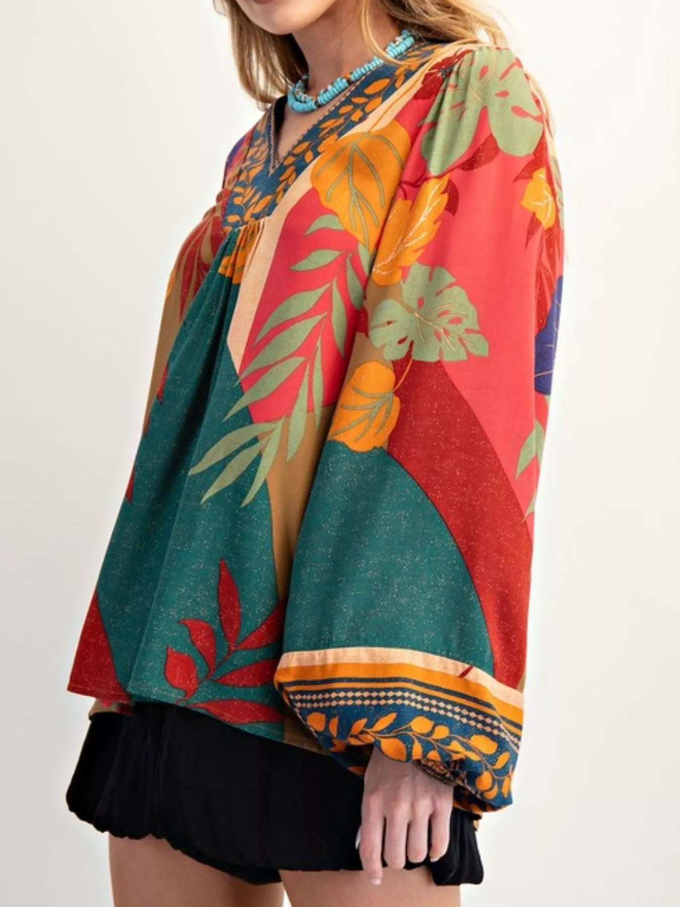 Tropical Print Balloon Sleeve Blouse OutfitFlow