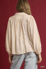 Umgee Long Sleeve Blouse with Leopard Print Trim OutfitFlow