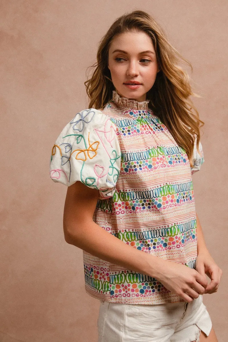 BiBi Ruffle Neckline Blouse With Embroidery Bubble Sleeve OutfitFlow