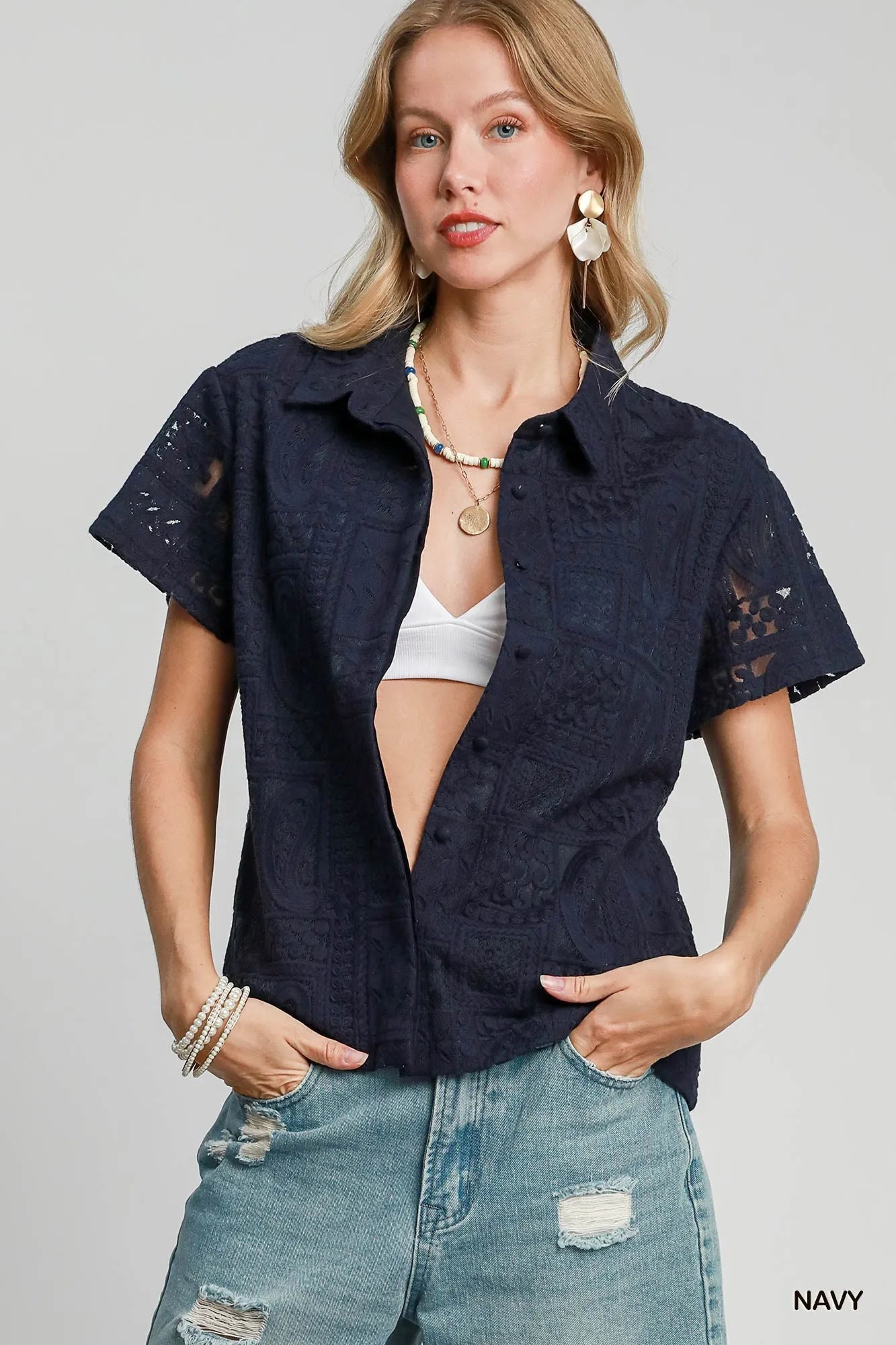 Umgee Patch Lace Short Sleeve Button Down Shirt Navy Trendsi
