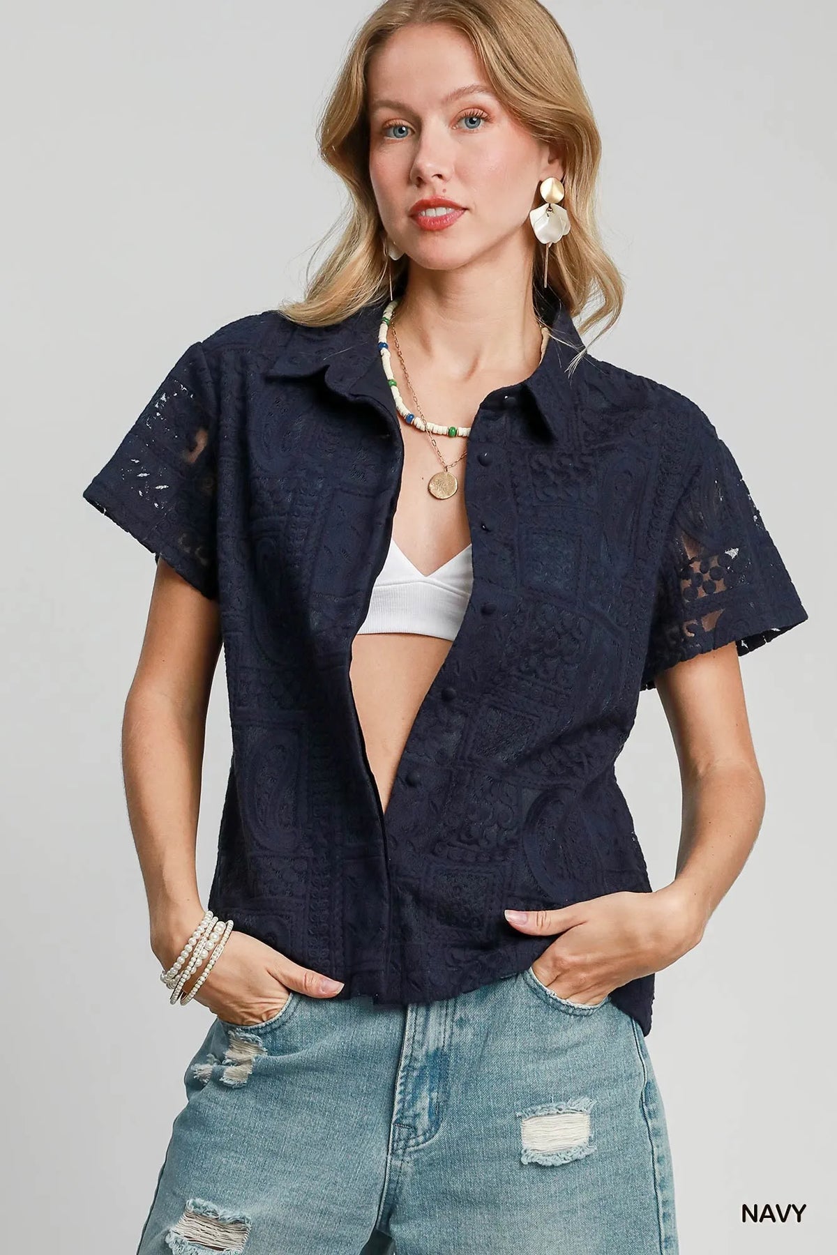 Umgee Patch Lace Short Sleeve Button Down Shirt Navy Trendsi