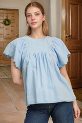 Solid Color Embroidered Scalloped Sleeves Crew Neck Blouse OutfitFlow