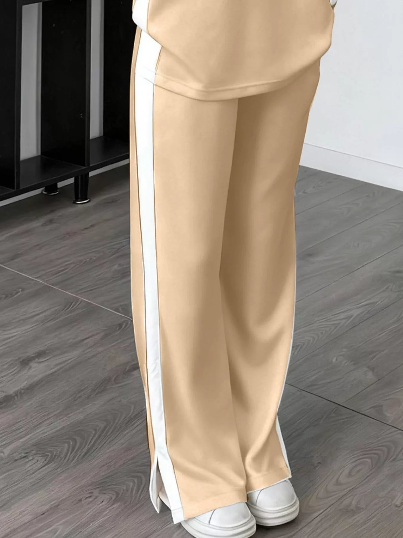 Full Size Contrast Round Neck Top and Pants Set Plus Size OutfitFlow