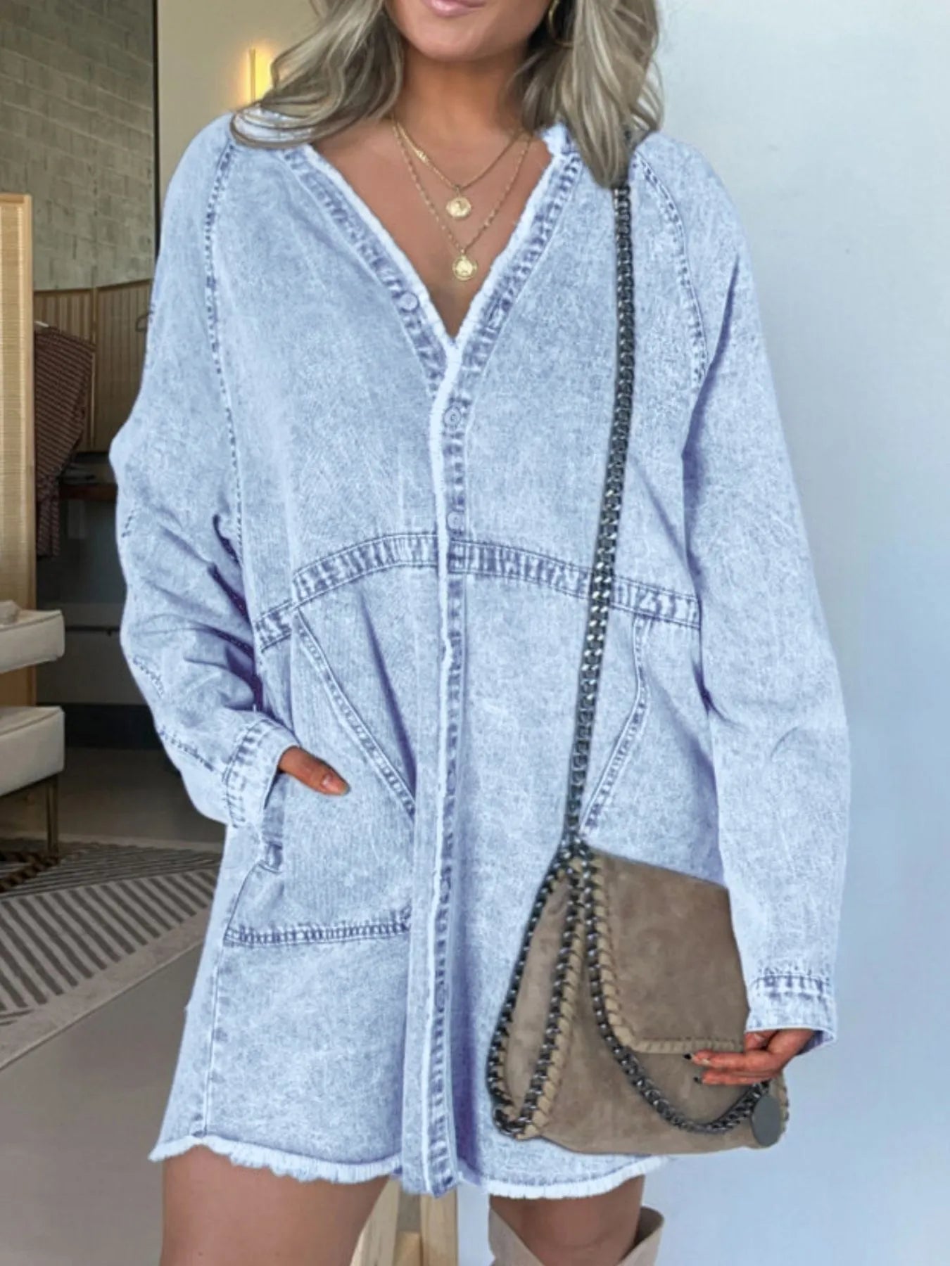 Full Size Button-Front Long Sleeve Denim Shirt Dress Plus Size Light Blue OutfitFlow