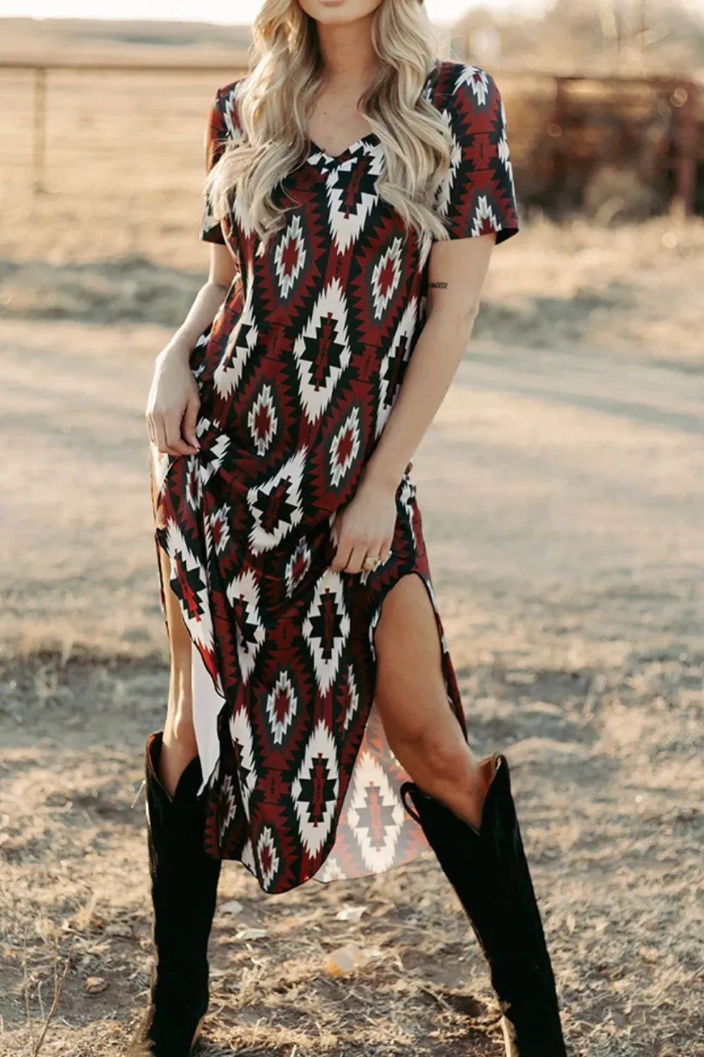 Aztec Print V-Neck Midi Dress OutfitFlow