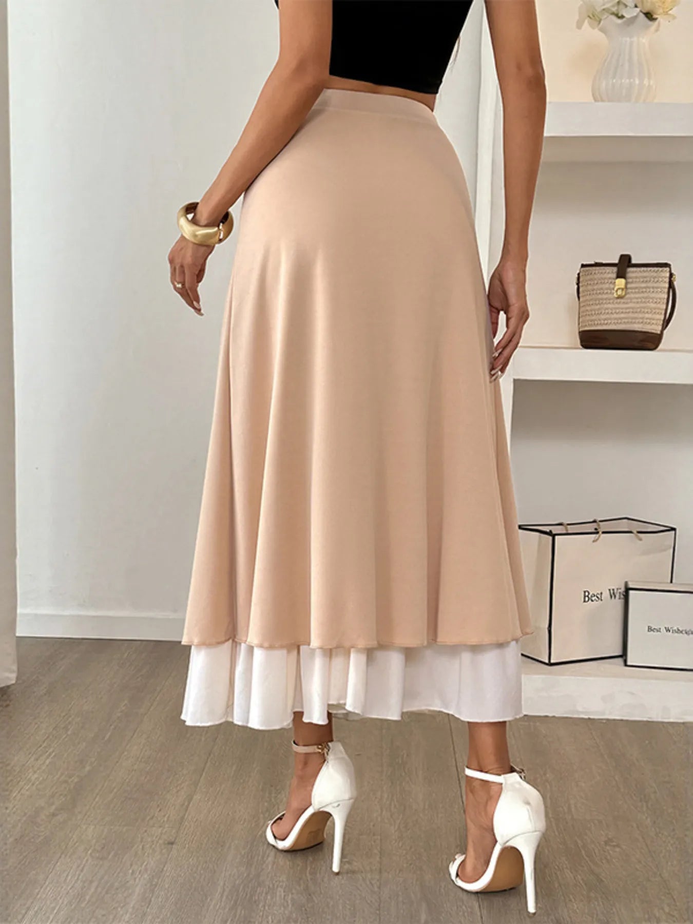 Layered Midi Skirt with Contrast Hem Detail OutfitFlow