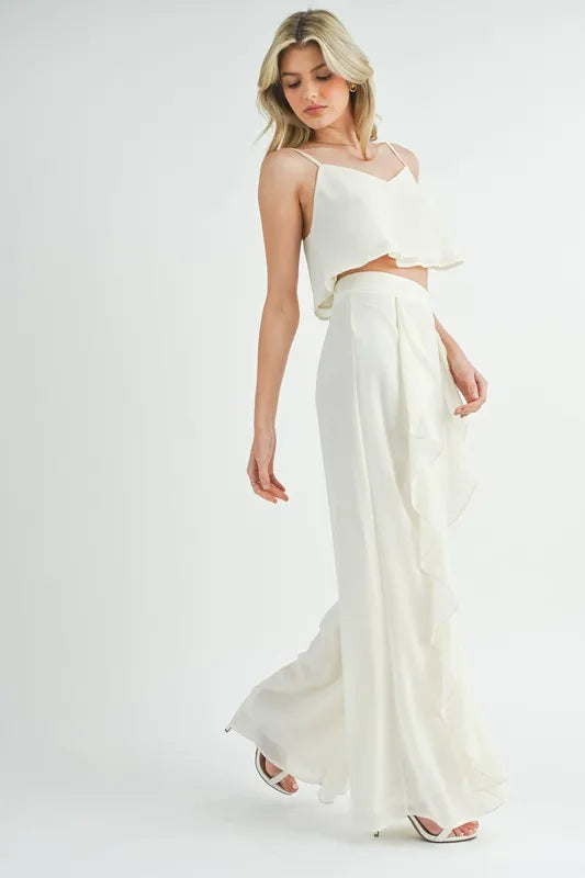 MABLE Crop Cami and Ruffled Wide Leg Pants Set OutfitFlow