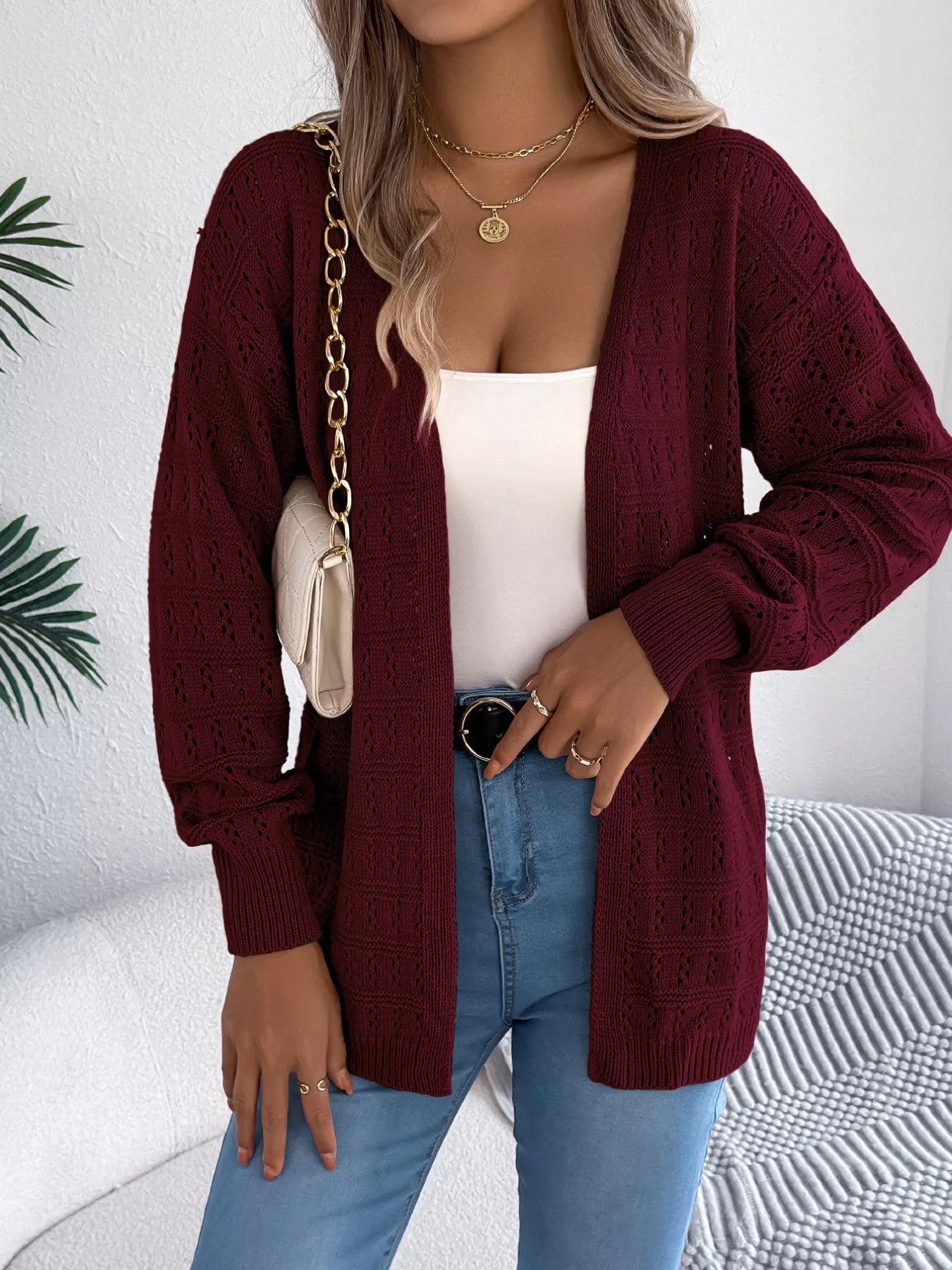 Open-Front Crochet Knit Cardigan OutfitFlow