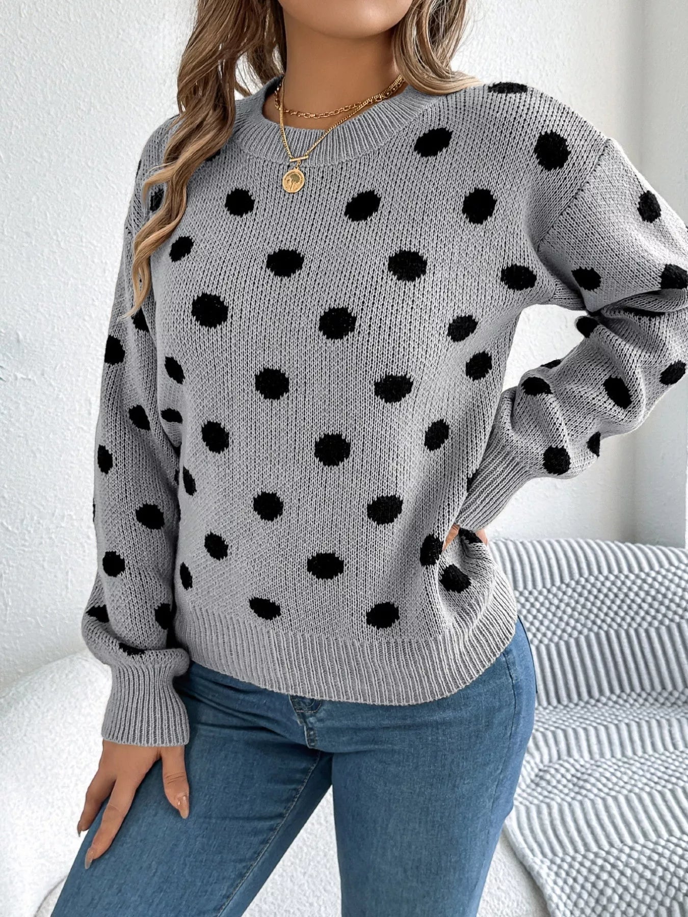 Polka Dot Round Neck Sweater OutfitFlow