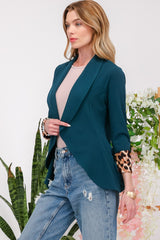 Outfit Flow - Celeste Full Size Rolled Leopard Cuff Open Front Blazer