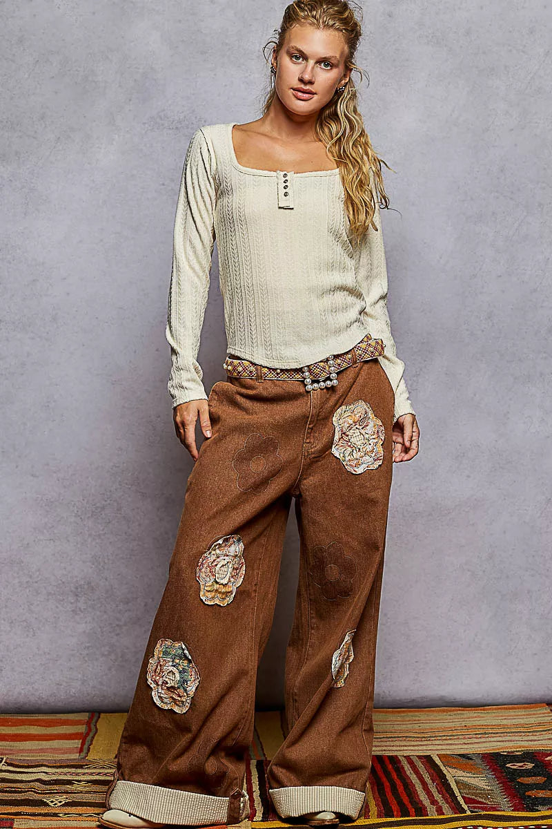 POL Square Neck Cropped Knit Top with Curved Hem OutfitFlow