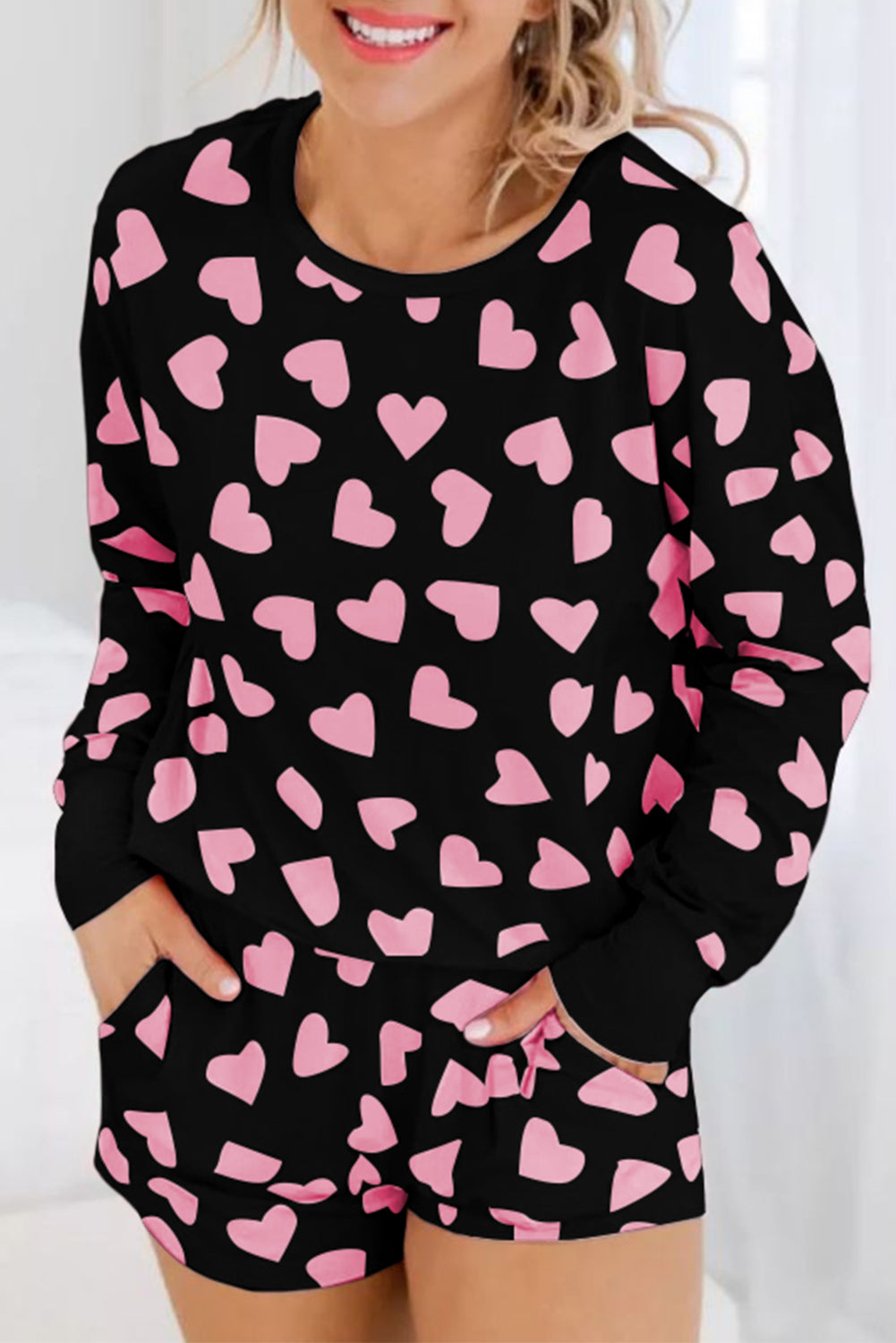 Outfit Flow - Heart Print Long Sleeve Top and Shorts Lounge Set