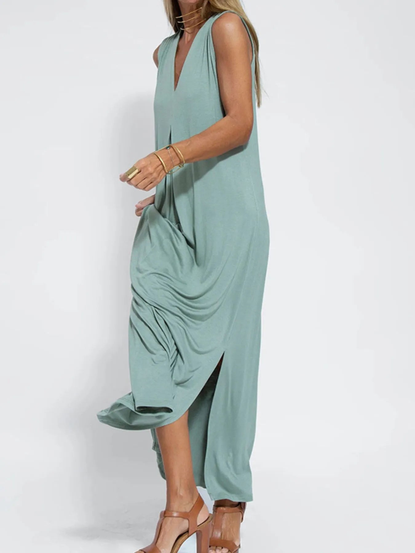 Full Size V-Neck Sleeveless Maxi Dress with Slit Plus Size OutfitFlow