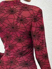 Spider Web Print Long Sleeve Blouse OutfitFlow