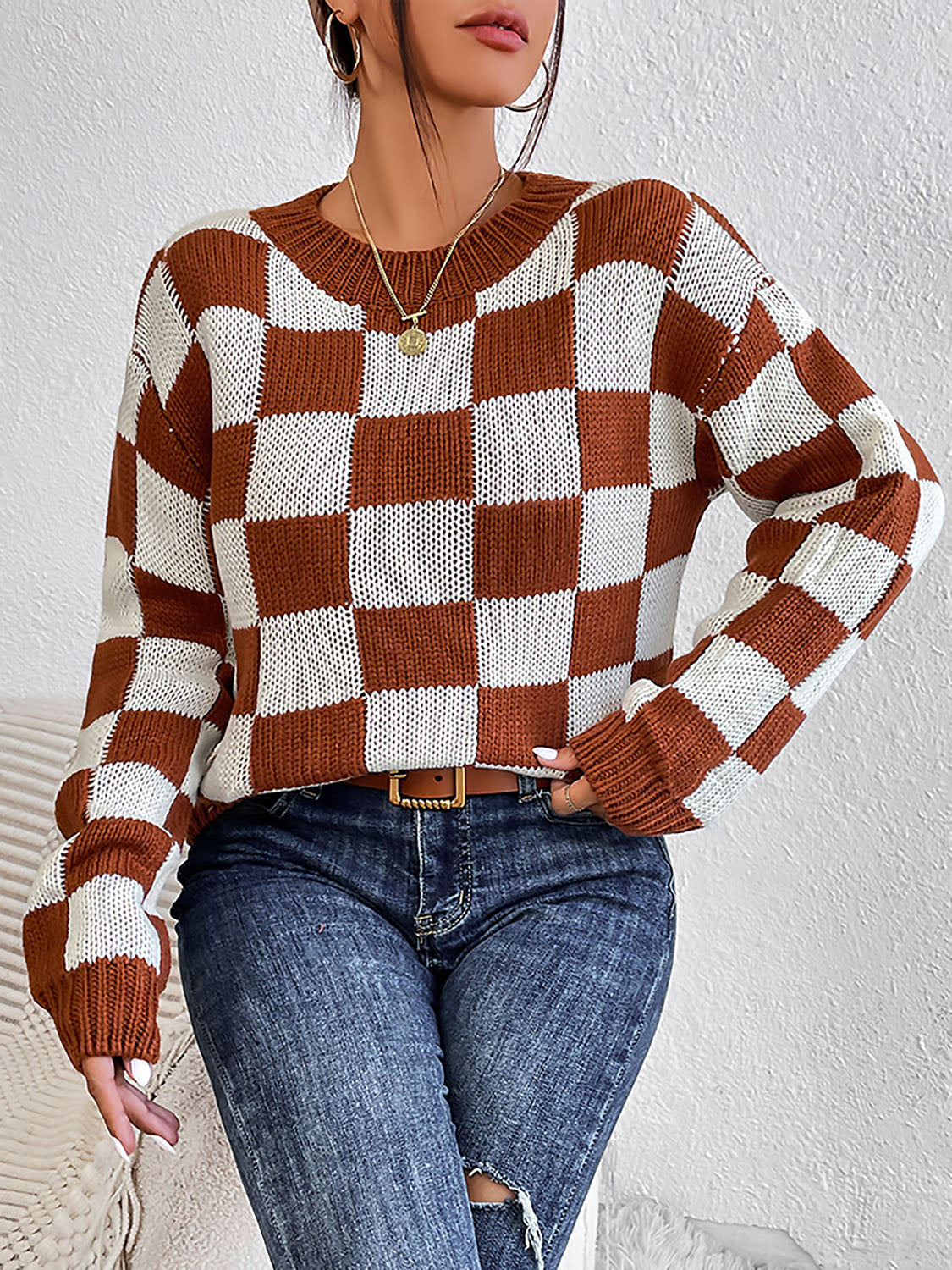 Checkered Round Neck Sweater OutfitFlow