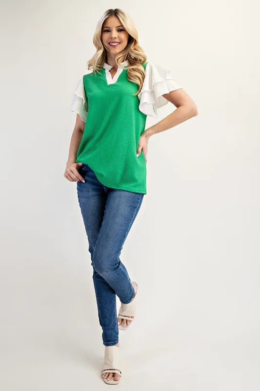 Celeste Full Size Solid Color Top with Ruffle Layered Sleeves Plus Size OutfitFlow