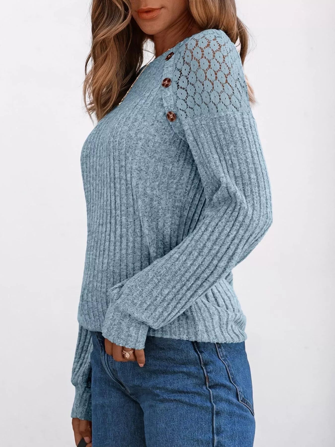 Ribbed Knit T-Shirt with Lace Shoulder Detail OutfitFlow
