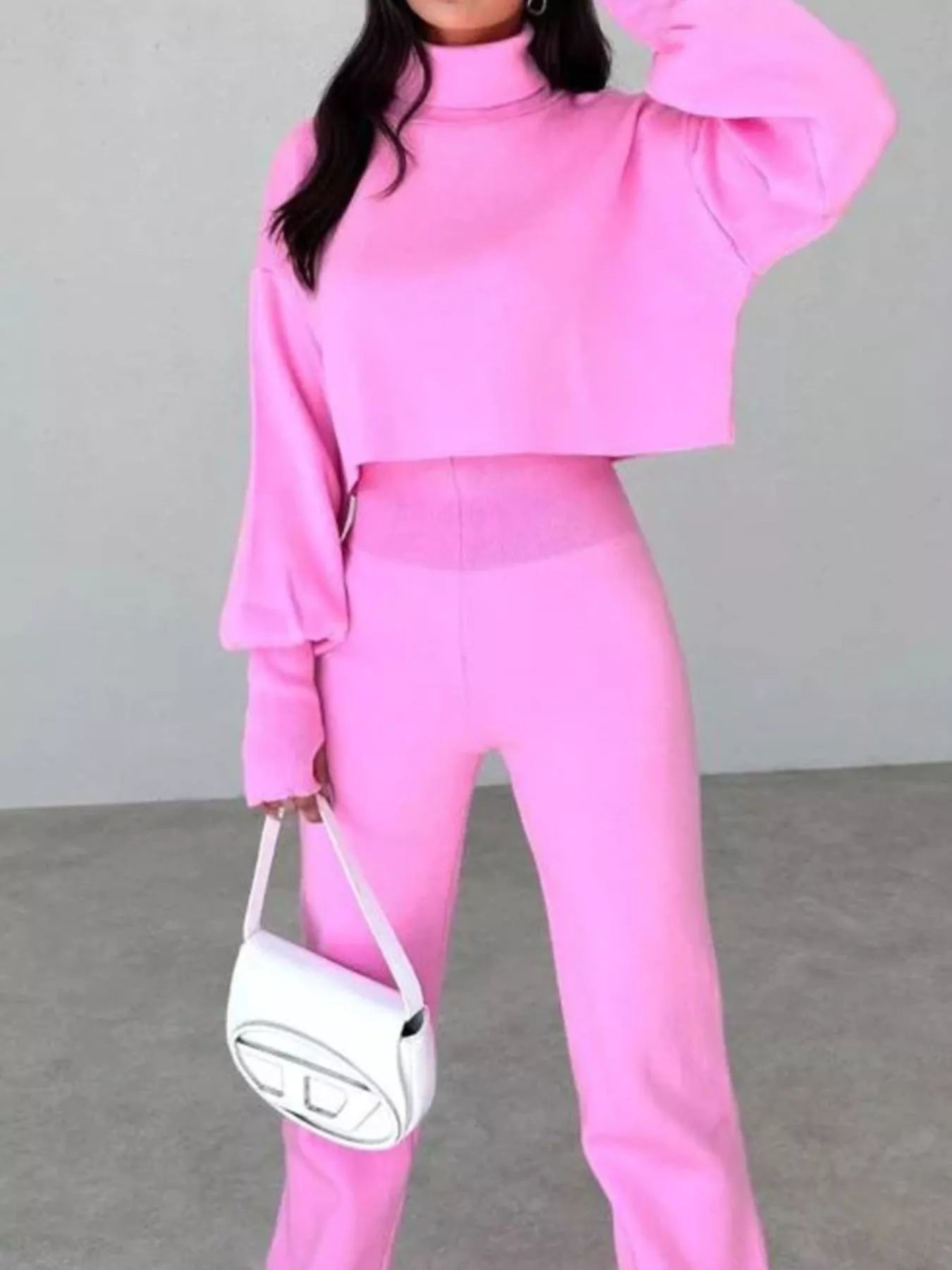 Turtleneck Long Sleeve Top & Pants Set Pink OutfitFlow