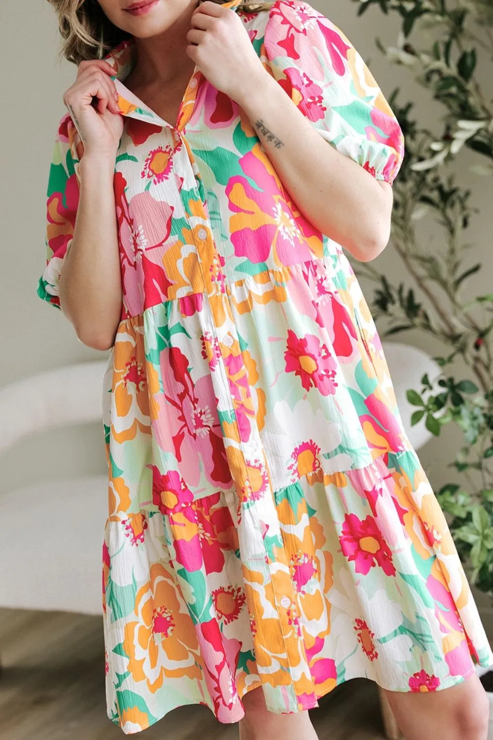 Button Down Floral Puff Sleeve Babydoll Dress OutfitFlow