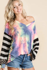BiBi Tie Dye V Neck Top with Stripe Puff Sleeves OutfitFlow