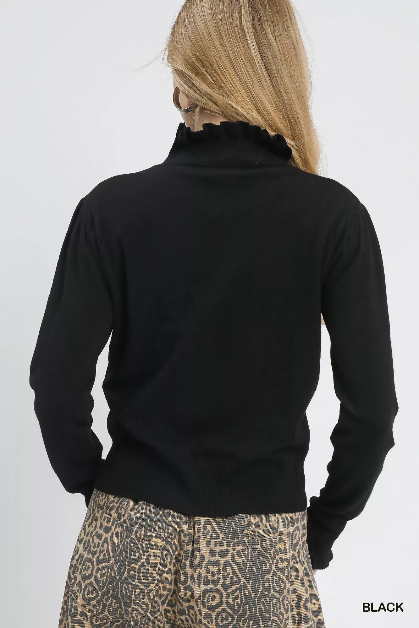 Umgee Ruffle Mock Neck Puff Sleeve Sweater OutfitFlow