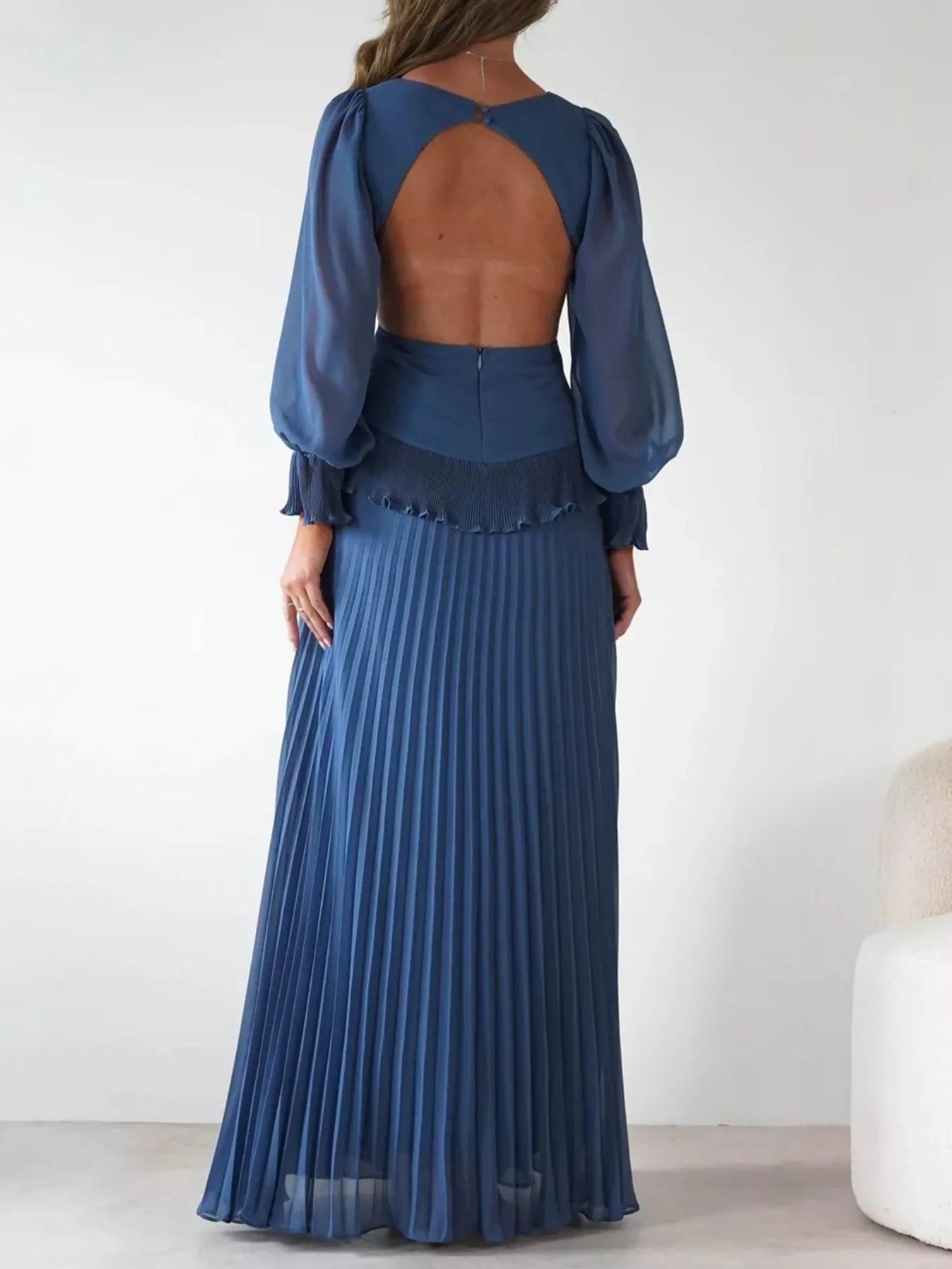 Backless Pleated Long Sleeve Maxi Dress OutfitFlow
