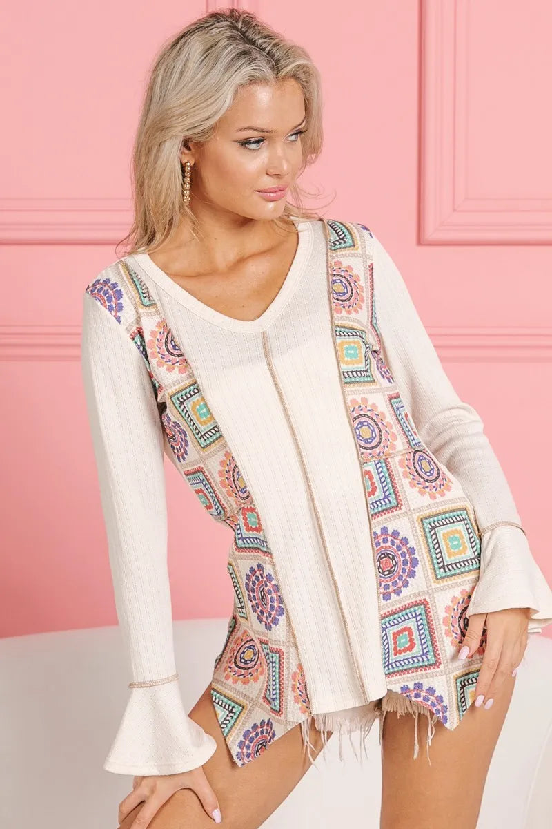 BiBi Granny Square Print Contrast Annie Rib V Neck Top OutfitFlow