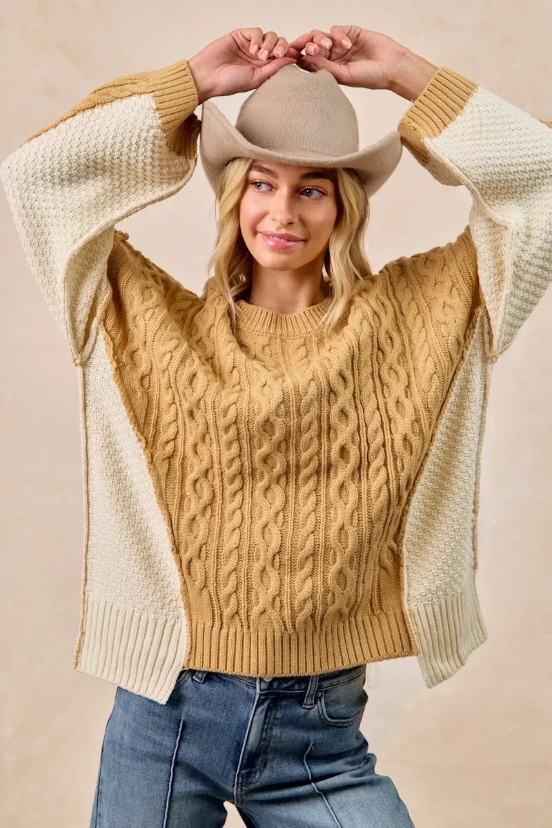 BiBi Cable Knit With Hacci Combo Sweater With Uneven Hem Detail Trendsi