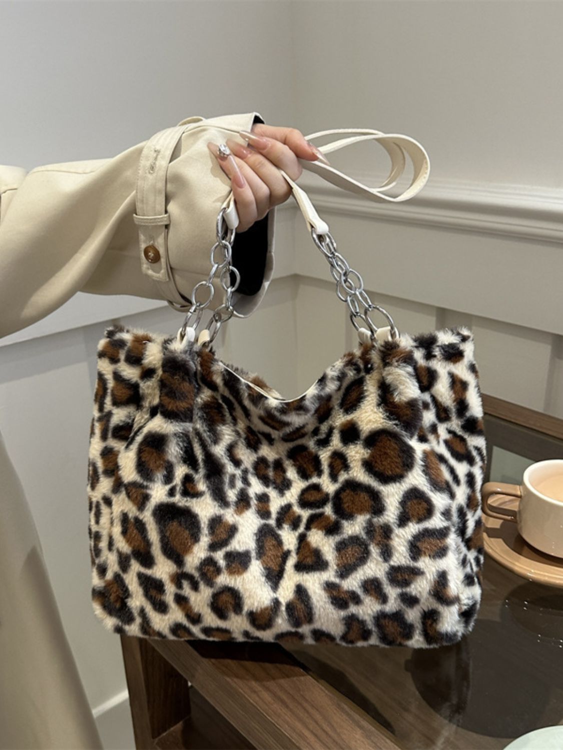 Faux Fur Leopard Shoulder Bag Beige One Size OutfitFlow