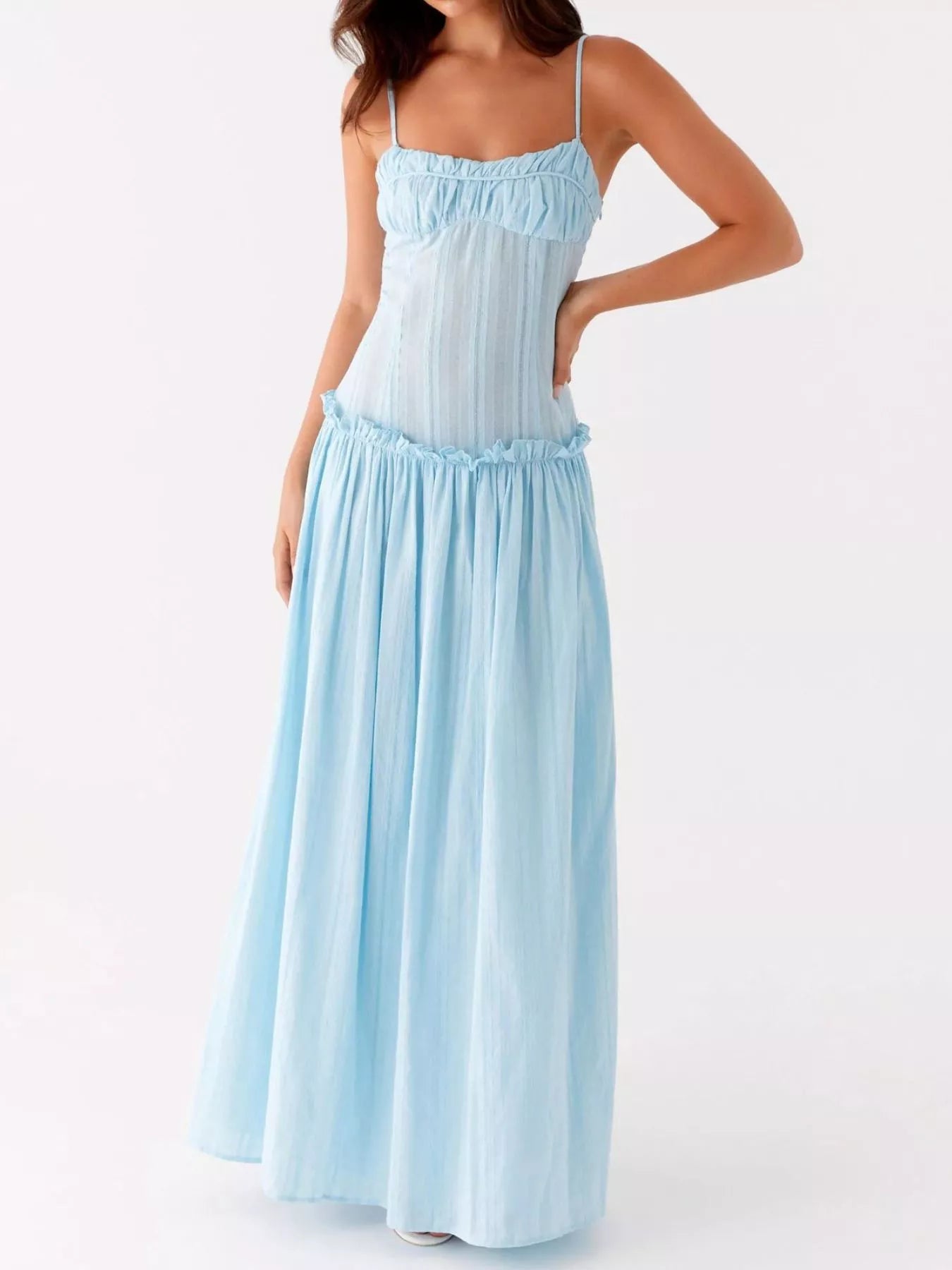 Frill Spaghetti Strap Maxi Dress Blue OutfitFlow