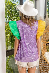BiBi Mardi Gras Color Block Organza Sleeve Sequin Top OutfitFlow