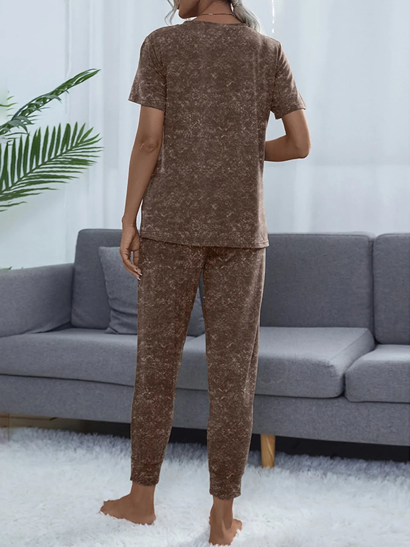 Round Neck Short Sleeve Top and Pants Lounge Set OutfitFlow