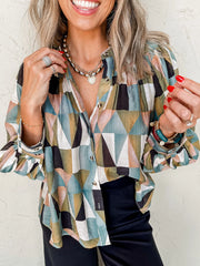 Geometric Print Buttoned Balloon Sleeve Loose Fit Shirt Multicolor OutfitFlow