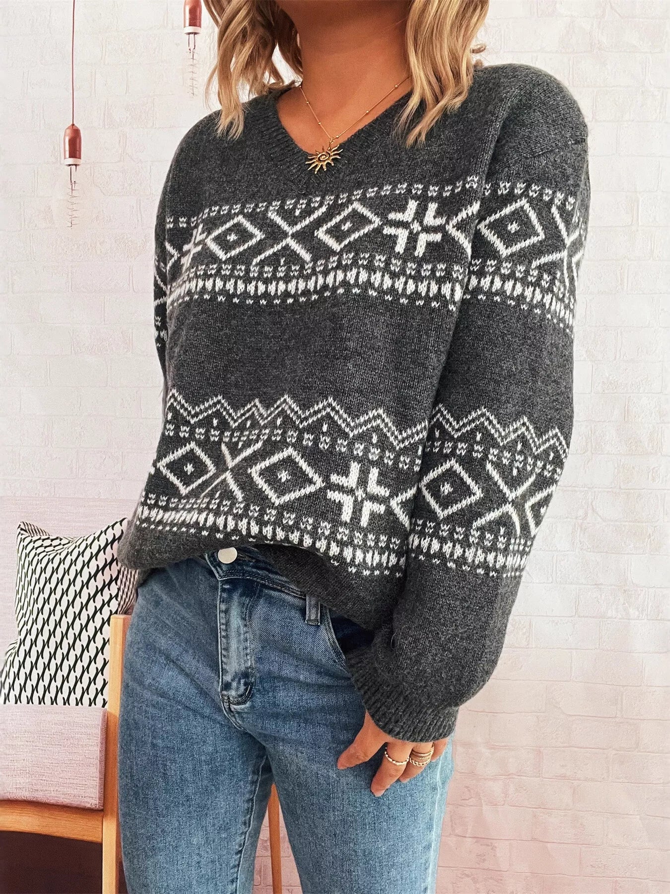 Geometric Dropped Shoulder Long Sleeve Sweater Dark Gray One Size OutfitFlow