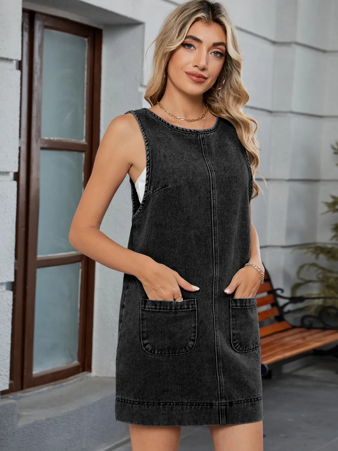 Round Neck Denim Overall Dress OutfitFlow