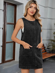 Round Neck Denim Overall Dress OutfitFlow