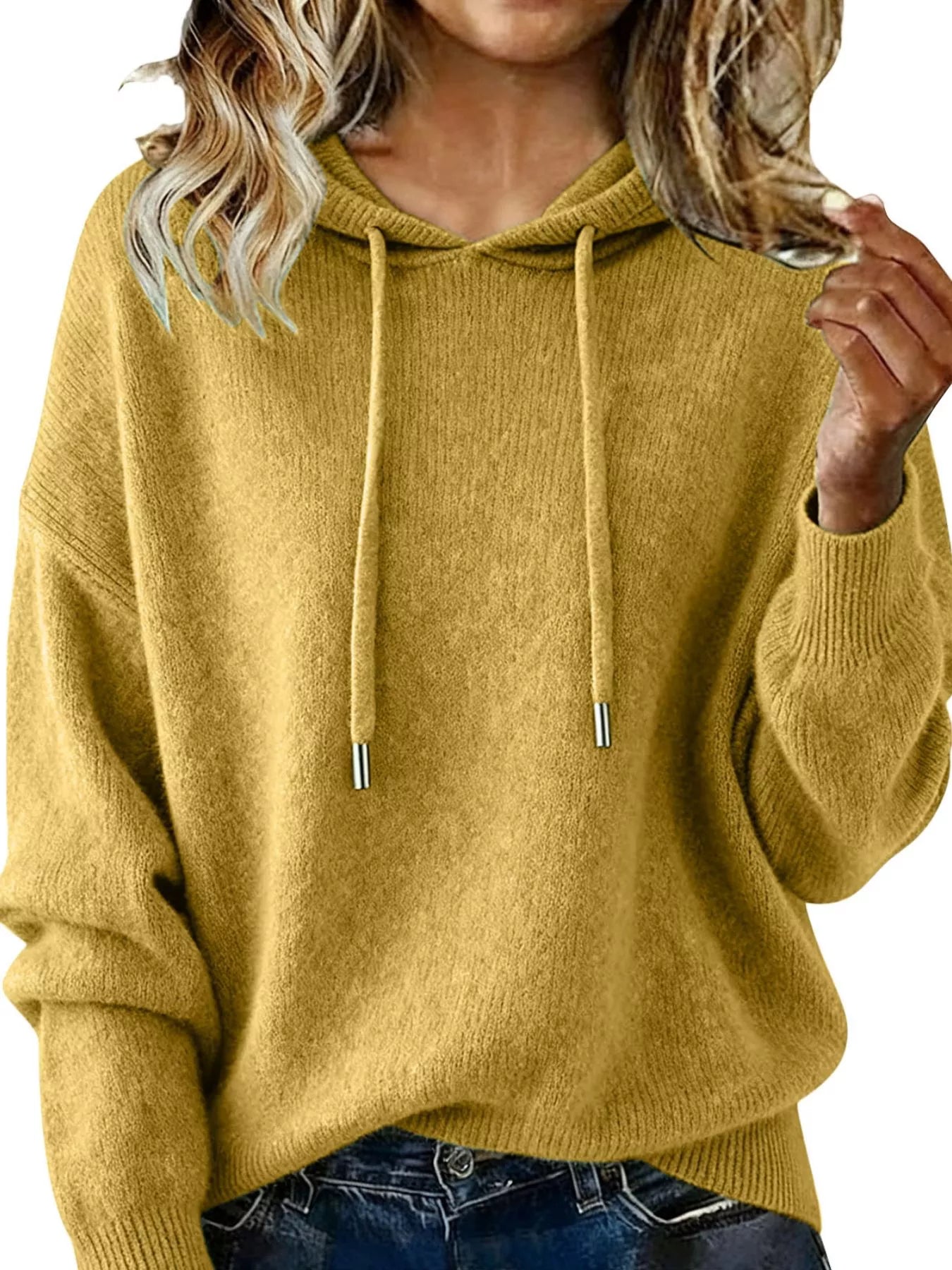 Drawstring Long Sleeve Hooded Sweater Mustard Trendsi
