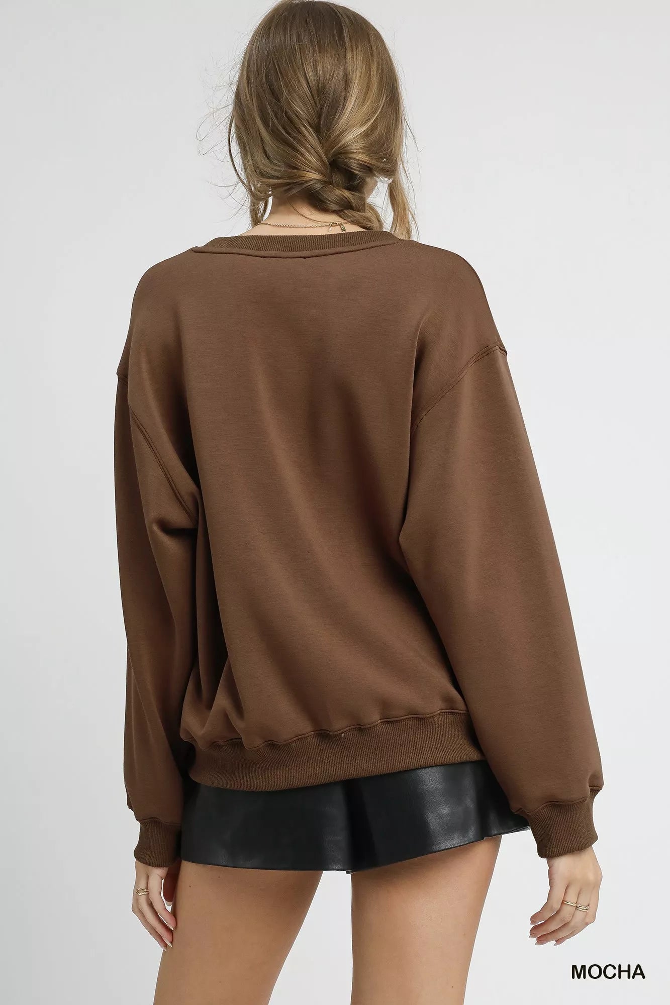 Umgee Round Neck Long Sleeve Fleece Sweatshirt OutfitFlow